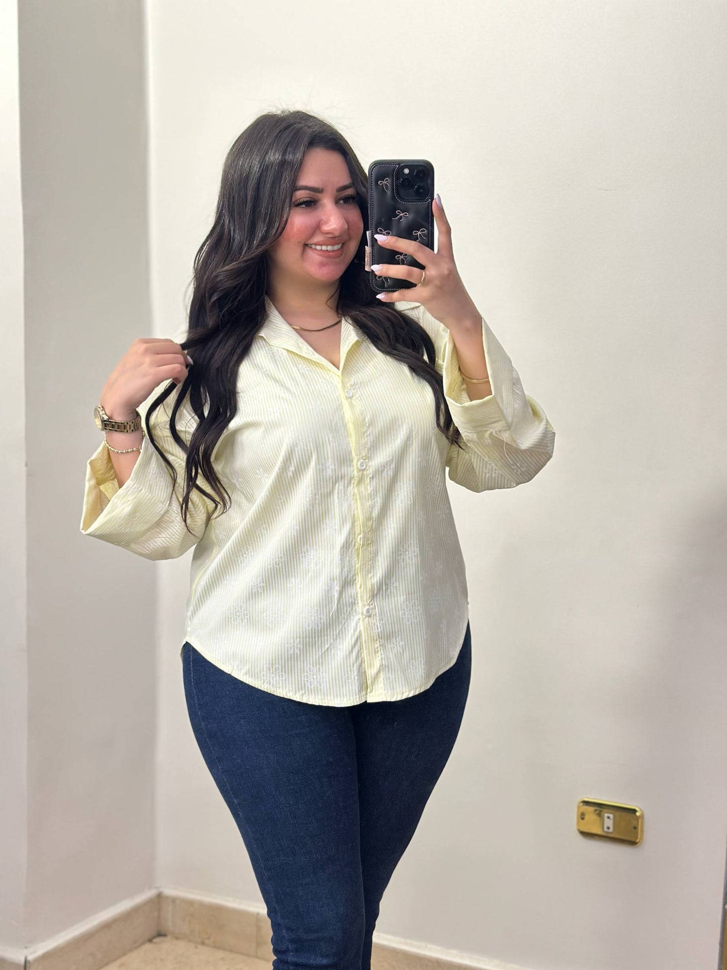 Embroidered Pinstripe Long-Sleeve Shirt with Wide Cuffs