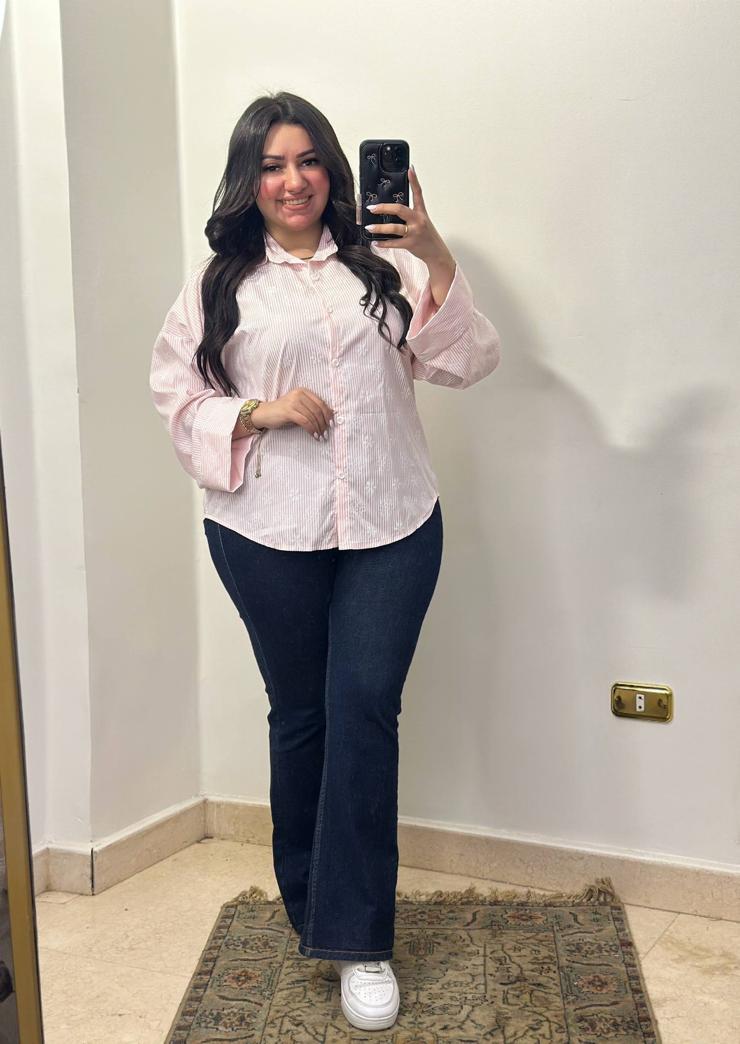 Embroidered Pinstripe Long-Sleeve Shirt with Wide Cuffs