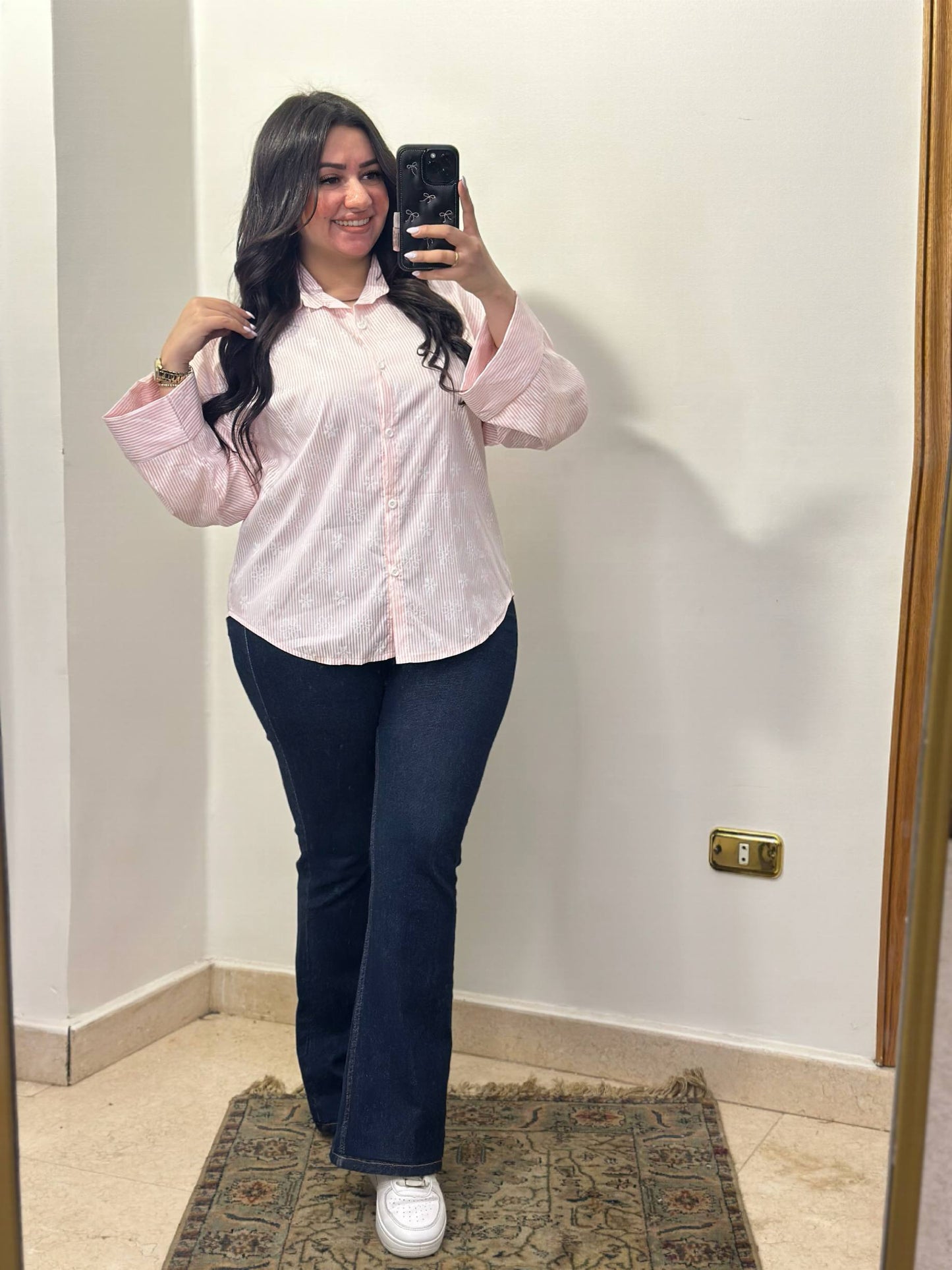 Embroidered Pinstripe Long-Sleeve Shirt with Wide Cuffs