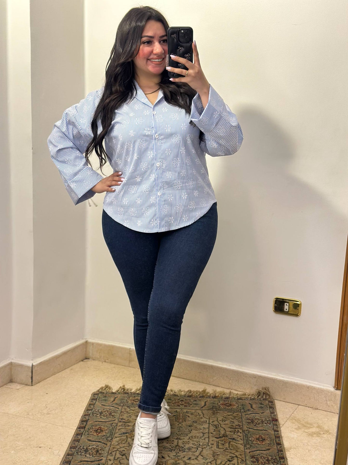 Embroidered Pinstripe Long-Sleeve Shirt with Wide Cuffs