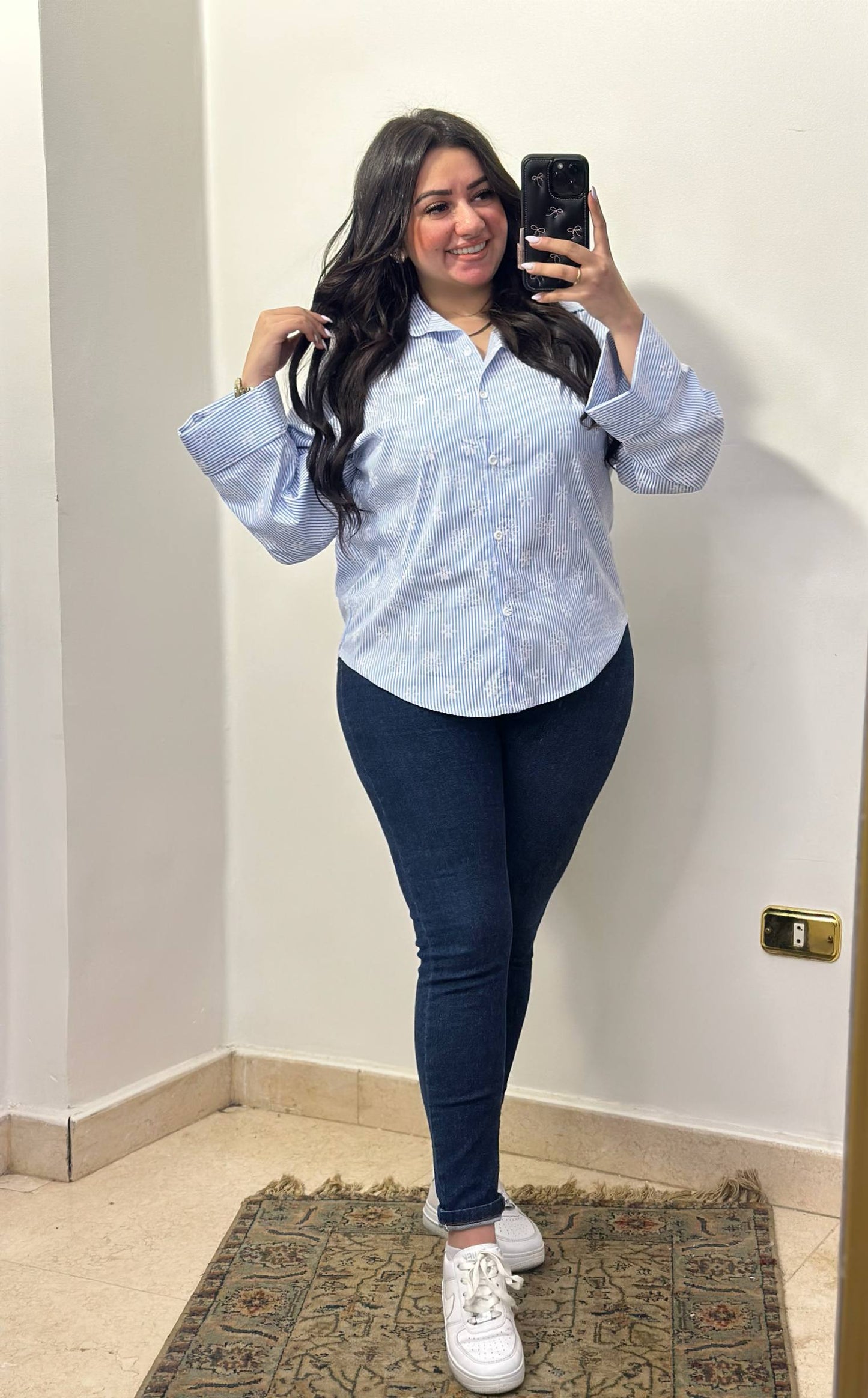 Embroidered Pinstripe Long-Sleeve Shirt with Wide Cuffs