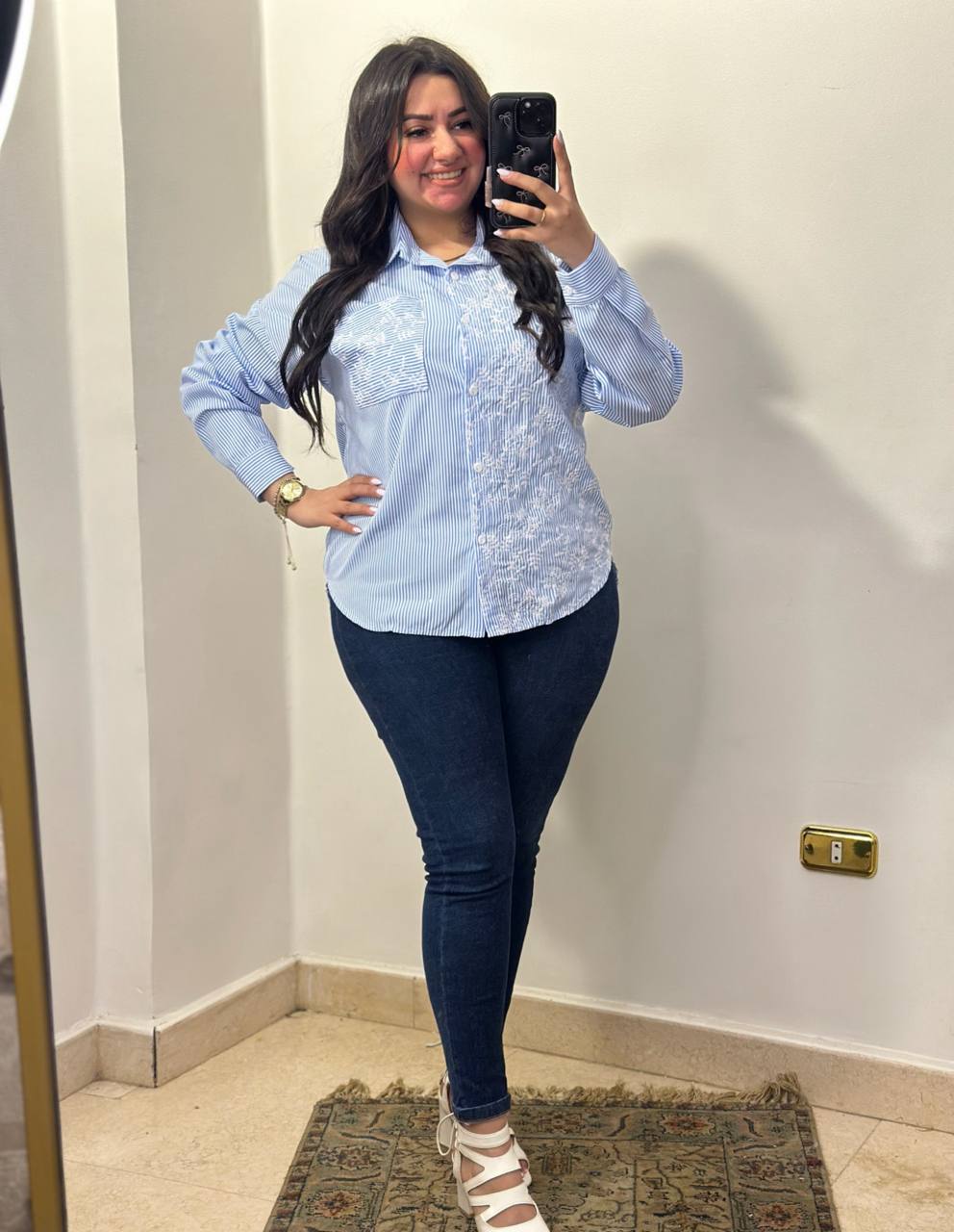Embroidered Pinstripe Button-Down Shirt with Floral Detailing