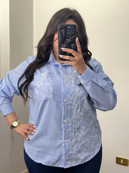 Embroidered Pinstripe Button-Down Shirt with Floral Detailing