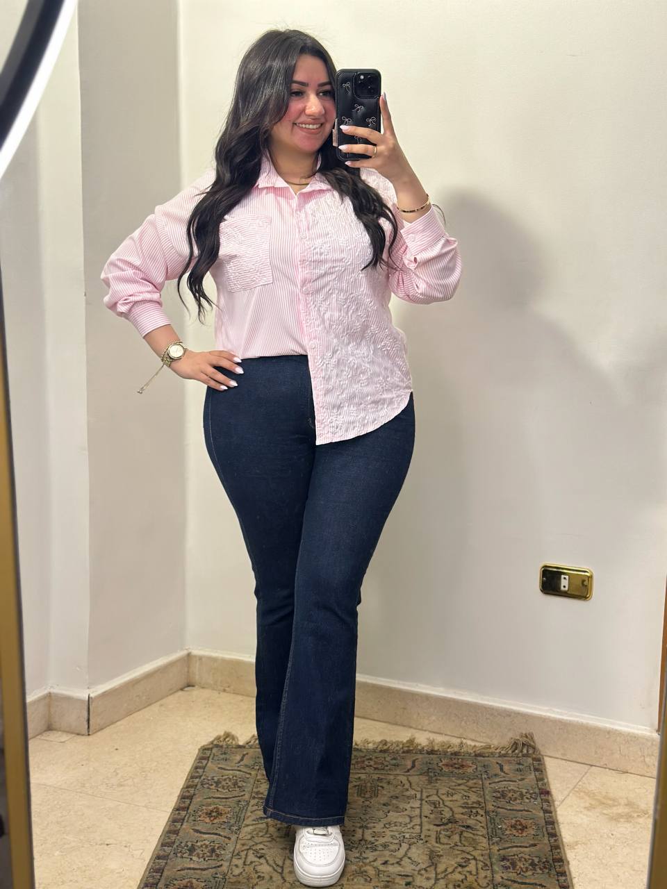 Embroidered Pinstripe Button-Down Shirt with Floral Detailing
