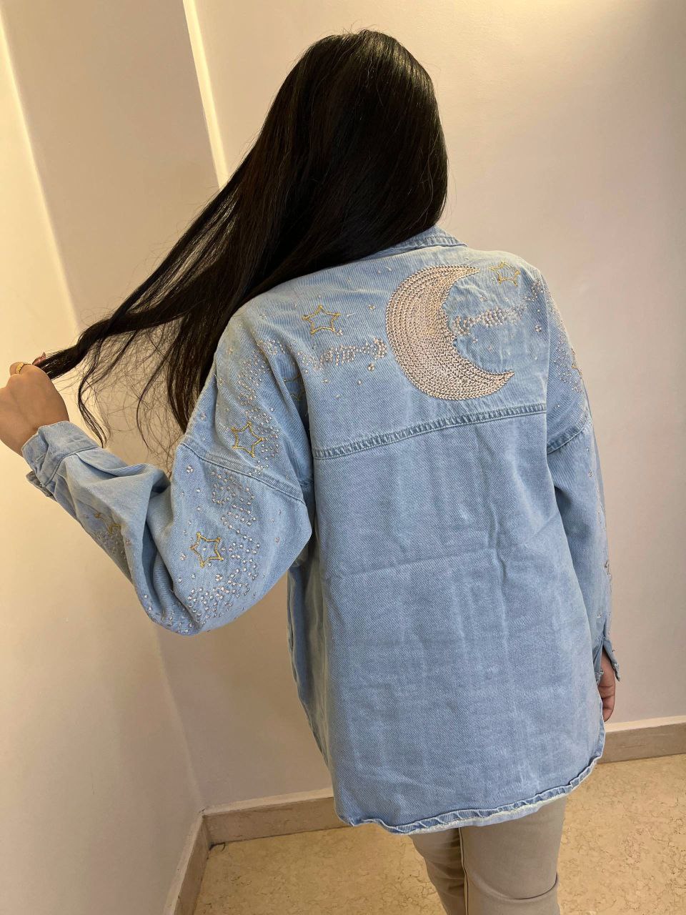 Celestial Embroidery Denim Shirt with Moon & Star Accents