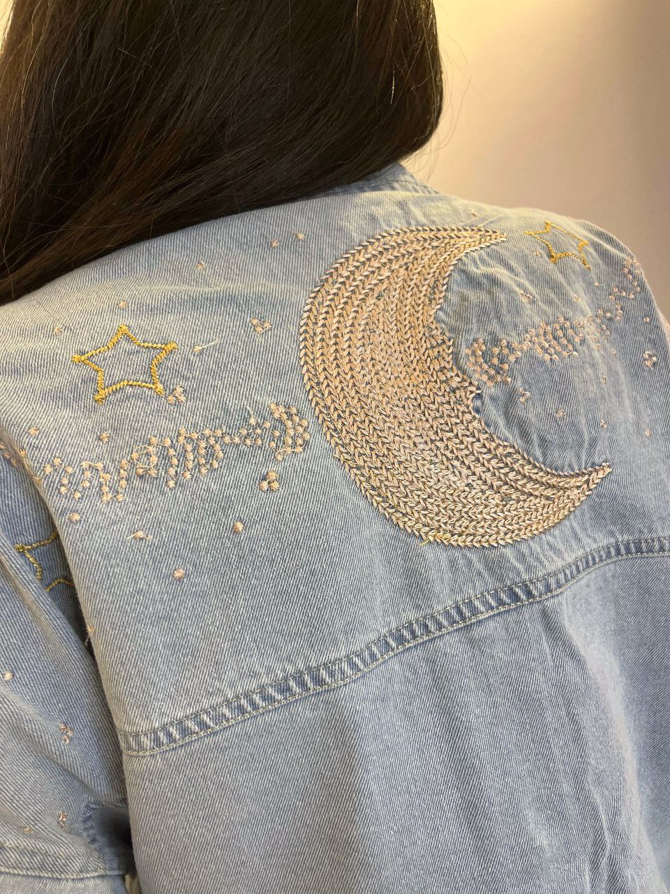 Celestial Embroidery Denim Shirt with Moon & Star Accents