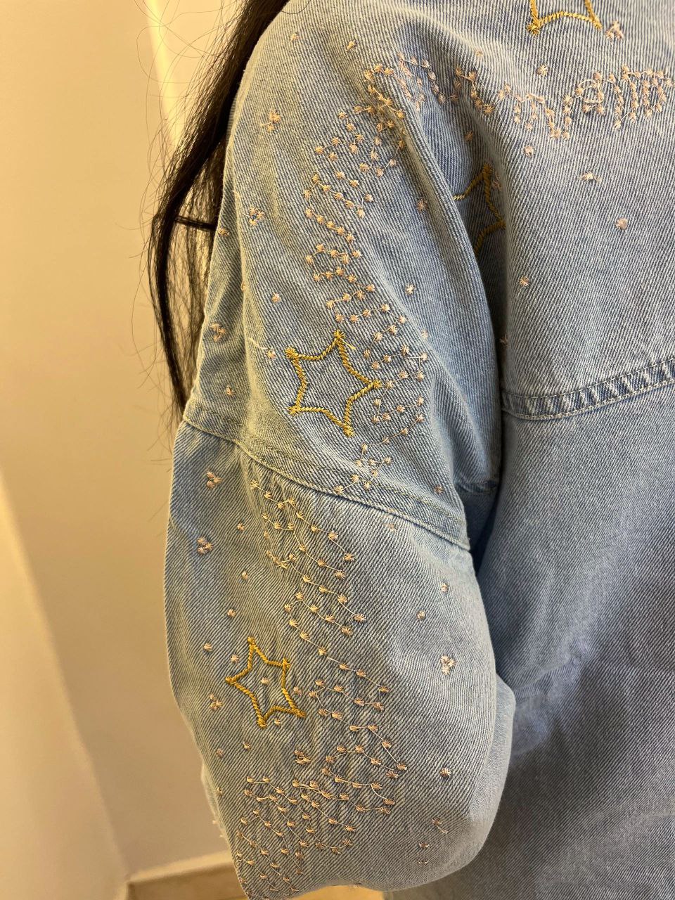 Celestial Embroidery Denim Shirt with Moon & Star Accents
