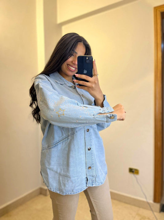 Celestial Embroidery Denim Shirt with Moon & Star Accents