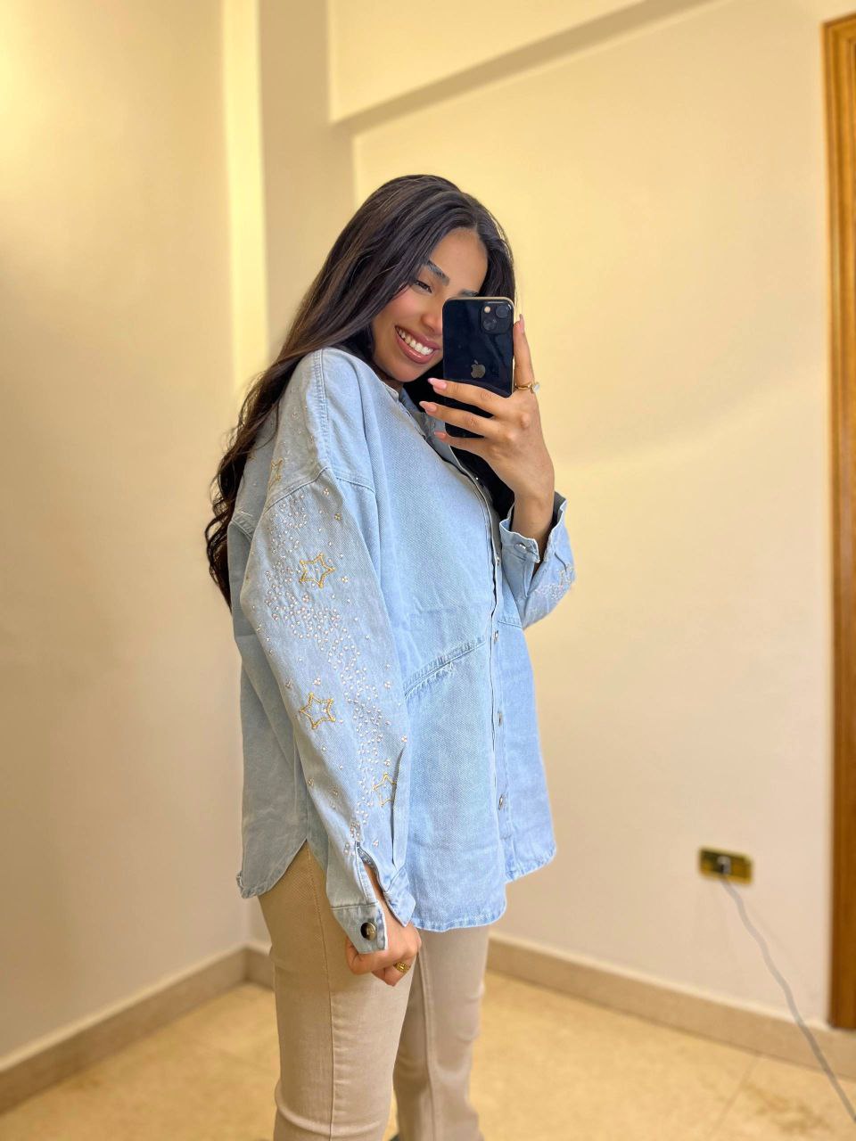 Celestial Embroidery Denim Shirt with Moon & Star Accents