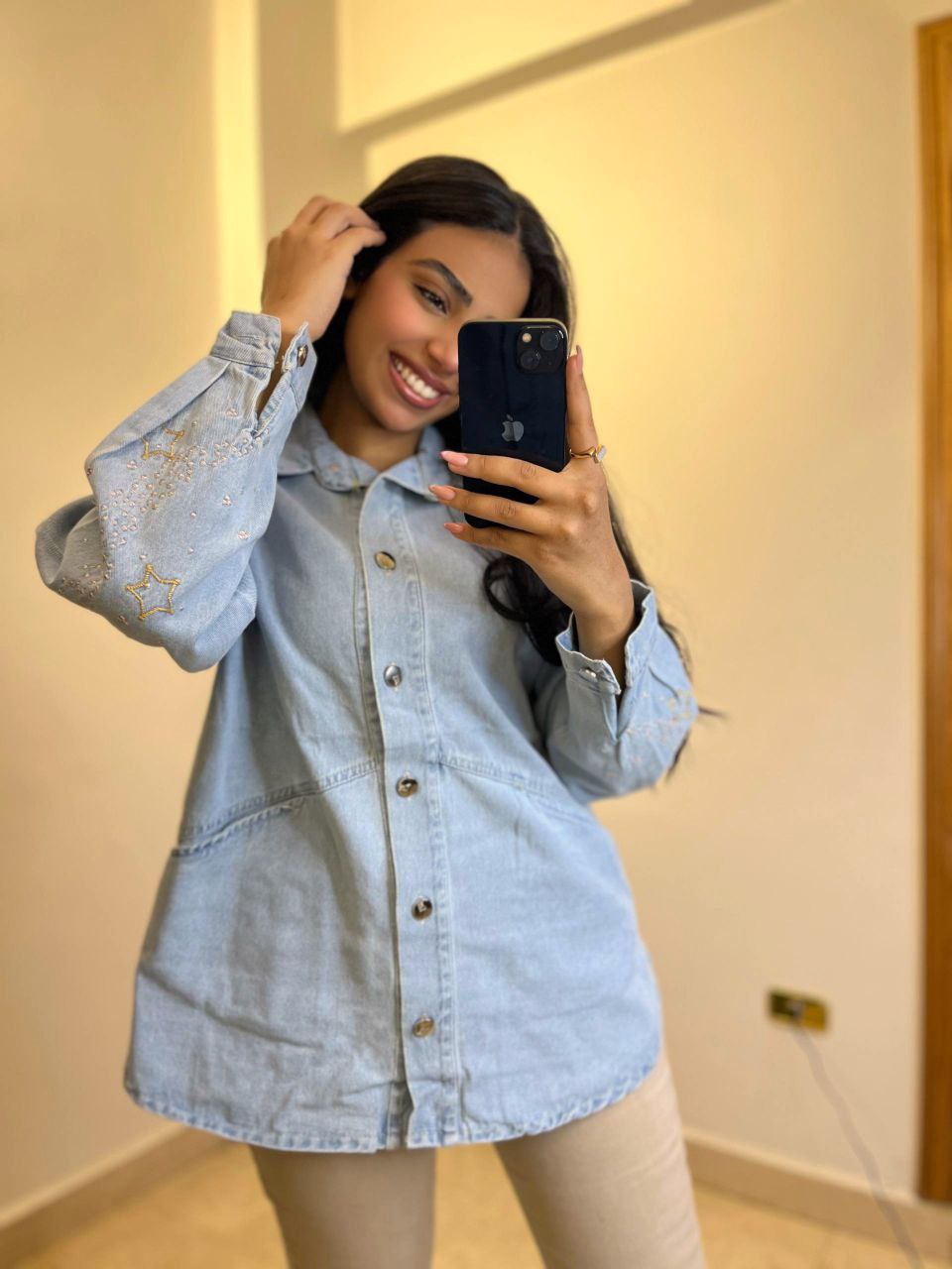 Celestial Embroidery Denim Shirt with Moon & Star Accents