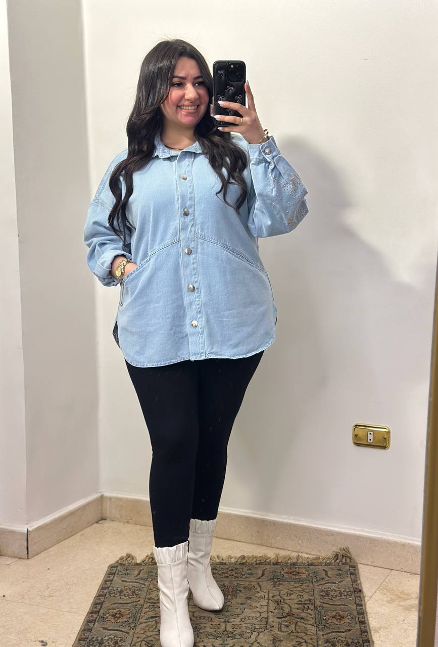 Celestial Embroidery Denim Shirt with Moon & Star Accents