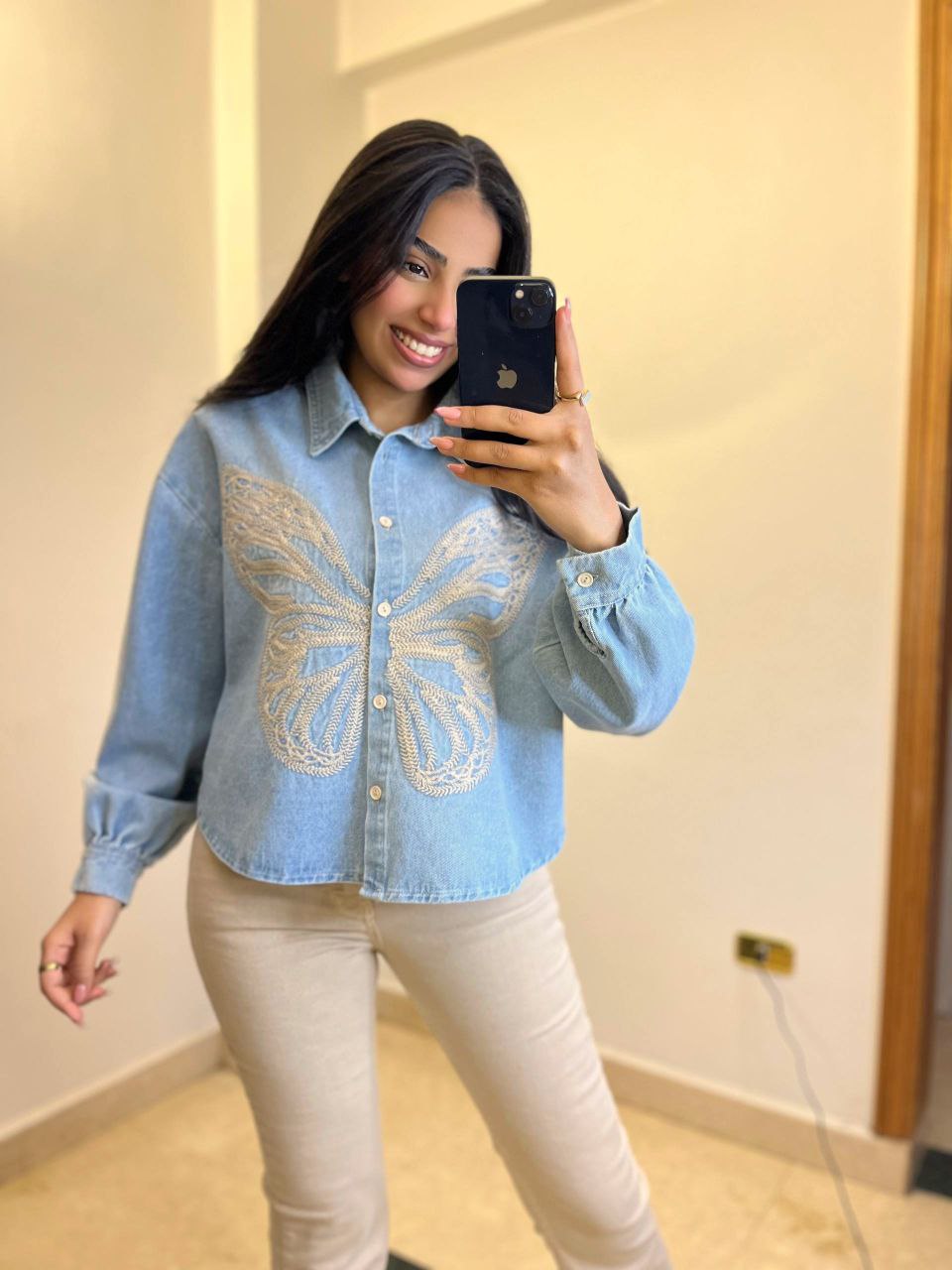 Embroidered Butterfly Denim Shirt