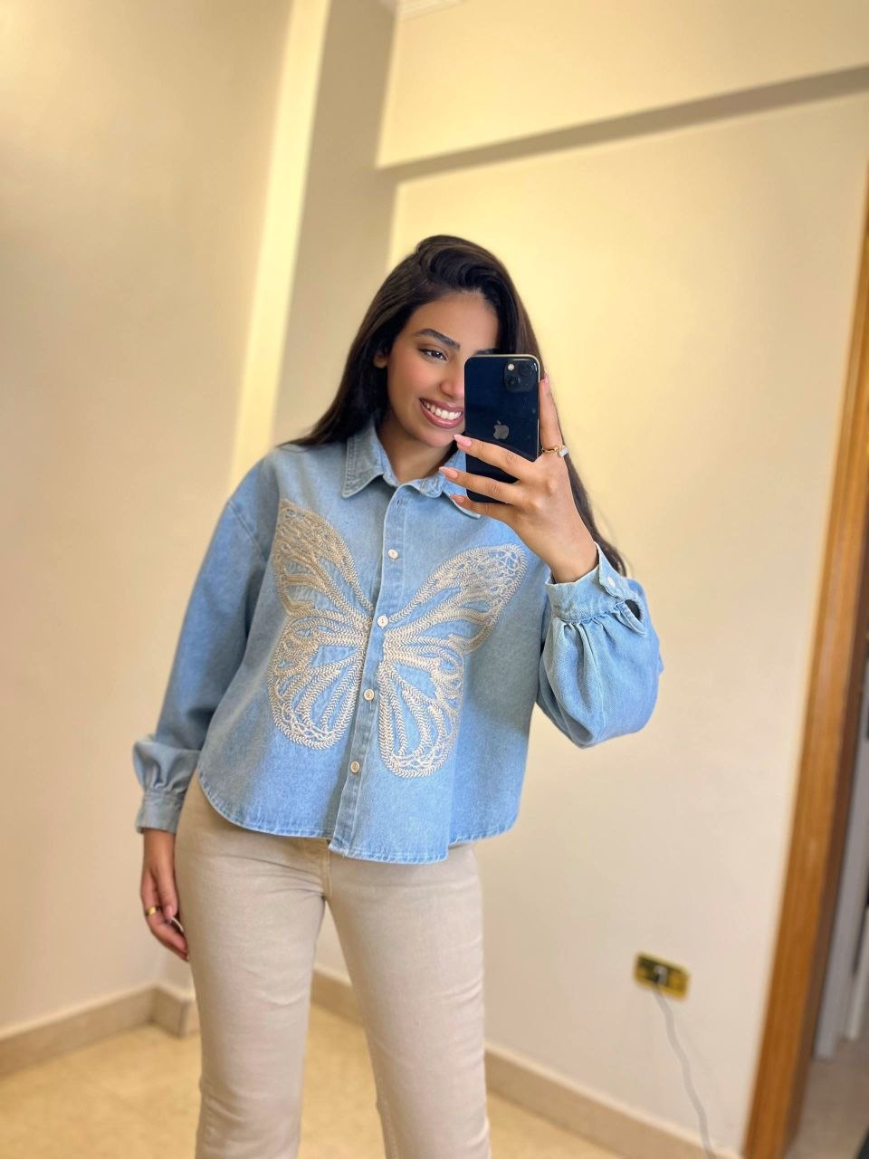 Embroidered Butterfly Denim Shirt