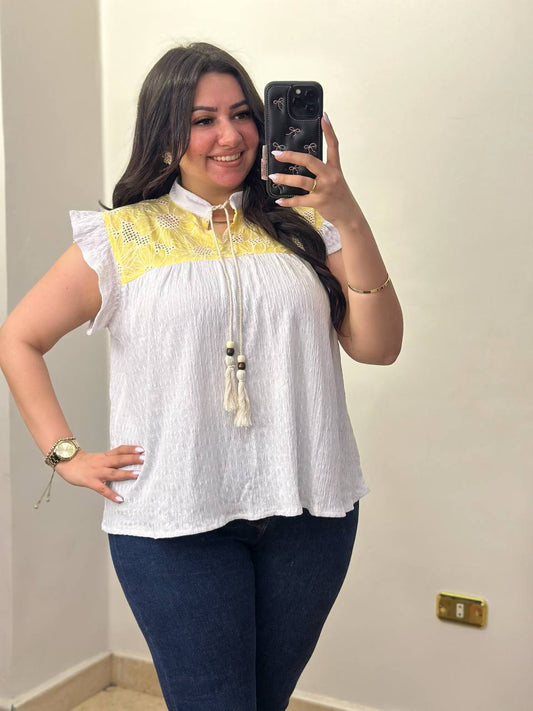 Embroidered Yoke Blouse with Tassel Detail