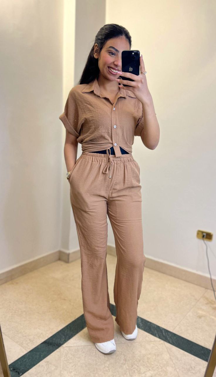 Button-Up Shirt and Pants Set with Tie Detail