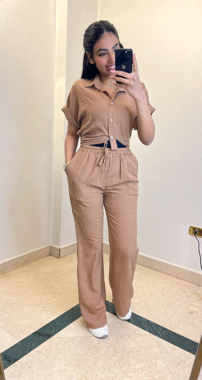 Button-Up Shirt and Pants Set with Tie Detail