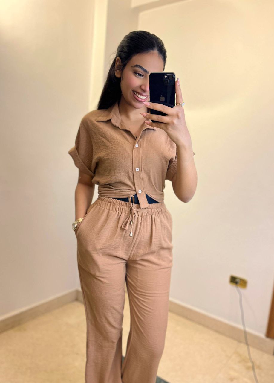 Button-Up Shirt and Pants Set with Tie Detail