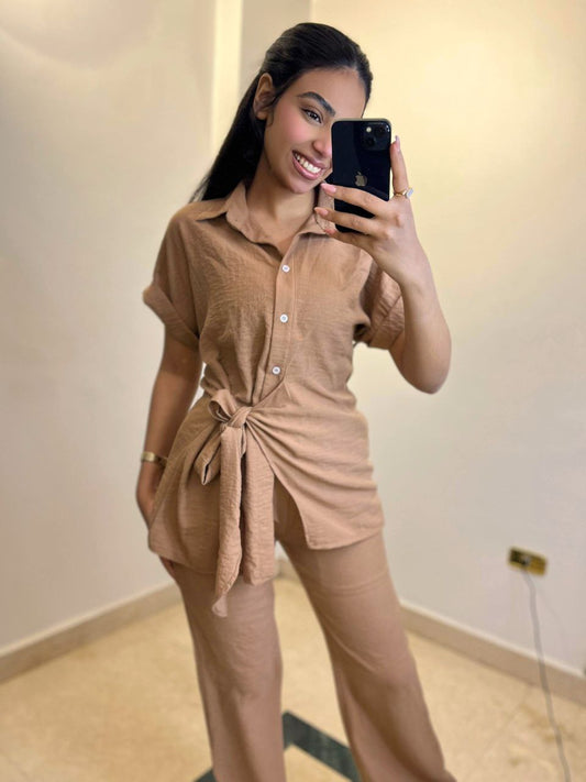 Button-Up Shirt and Pants Set with Tie Detail