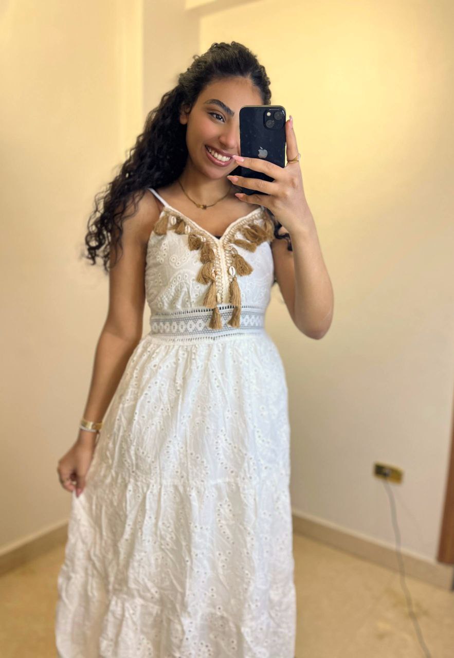 Bohemian Eyelet Lace Midi Dress with Tassel Accents