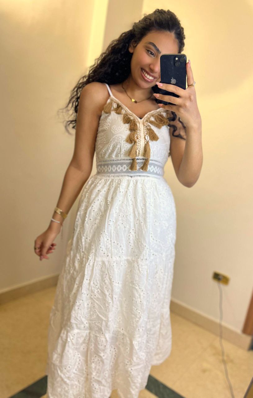 Bohemian Eyelet Lace Midi Dress with Tassel Accents