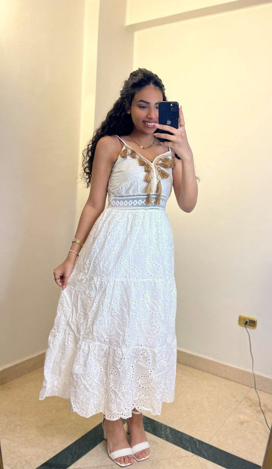 Bohemian Eyelet Lace Midi Dress with Tassel Accents