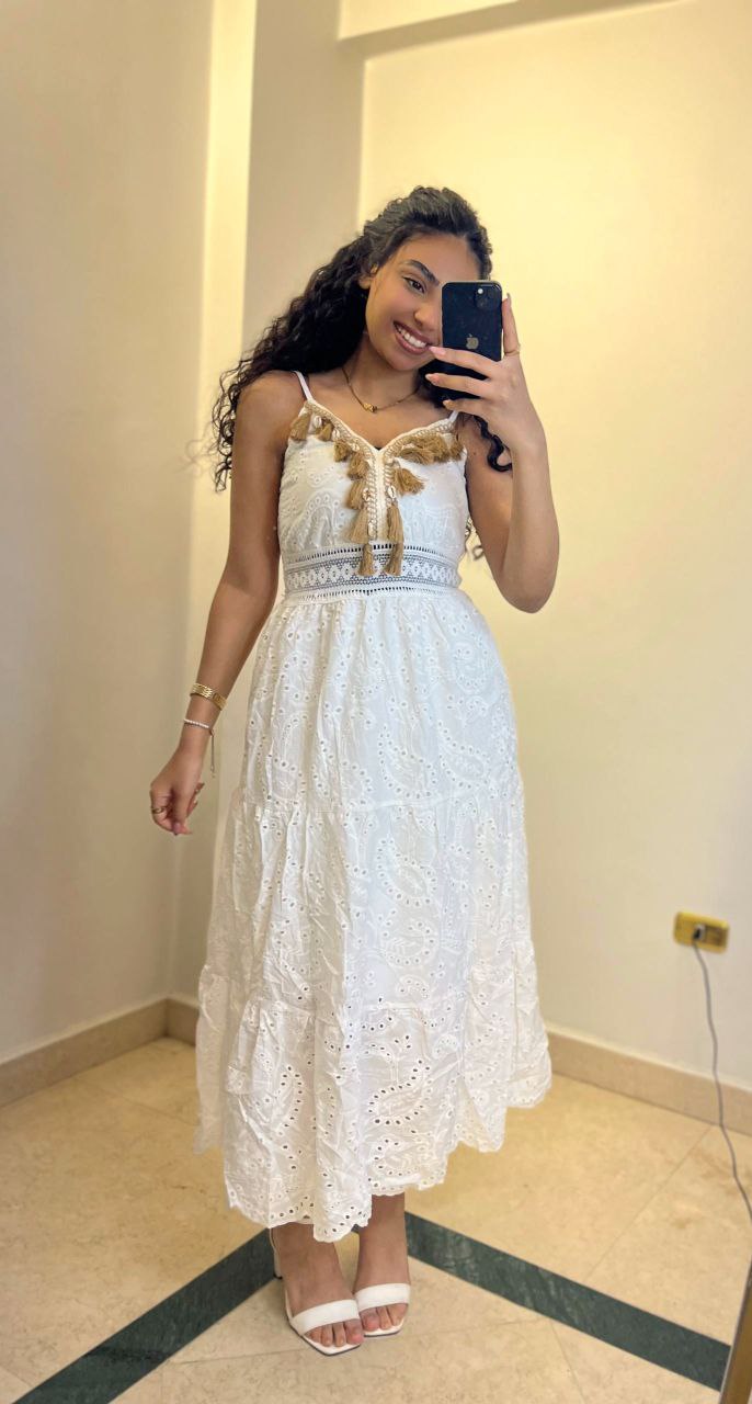 Bohemian Eyelet Lace Midi Dress with Tassel Accents