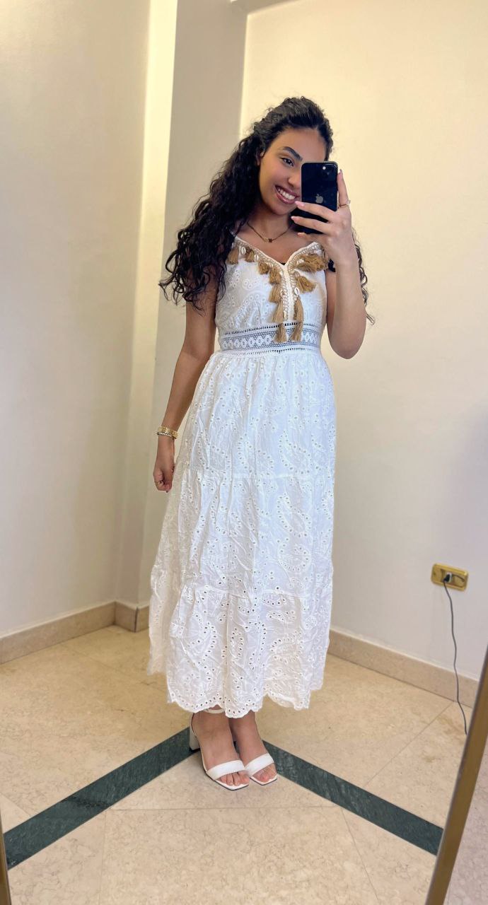 Bohemian Eyelet Lace Midi Dress with Tassel Accents