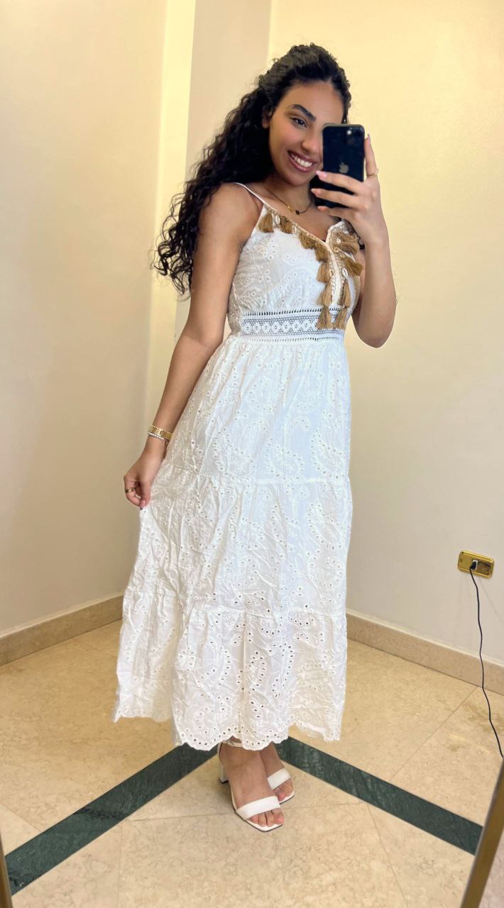 Bohemian Eyelet Lace Midi Dress with Tassel Accents