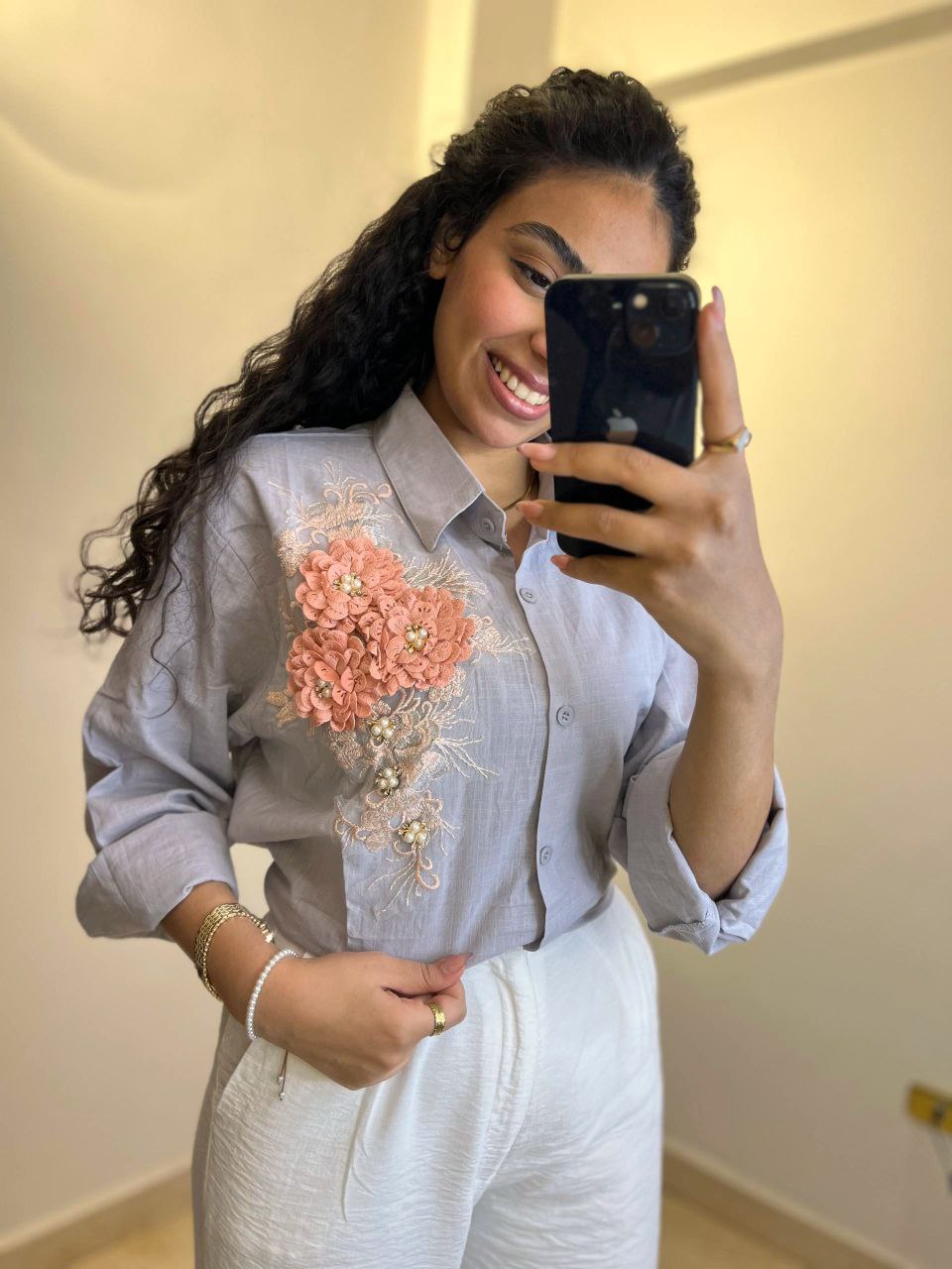 Linen Shirt with Floral Side Detail