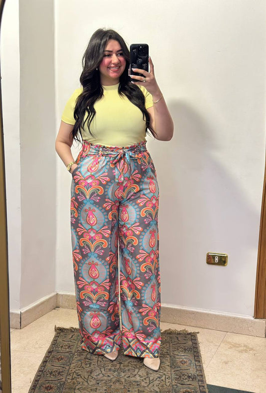 Printed Wide-Leg Pants with Waist Tie