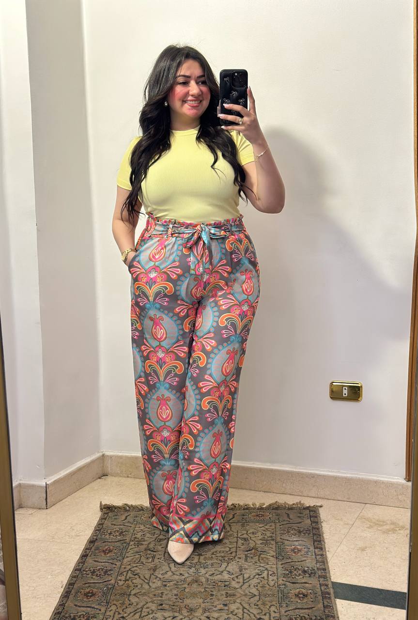 Printed Wide-Leg Pants with Waist Tie