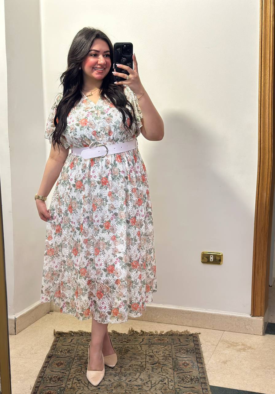 Printed Tulle Lined Dress with Belt