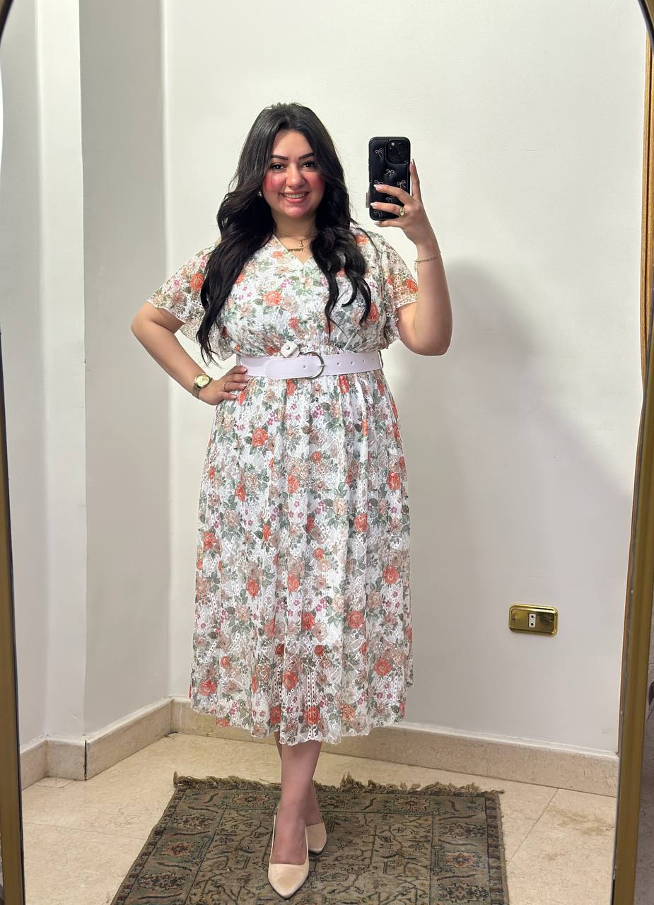 Printed Tulle Lined Dress with Belt