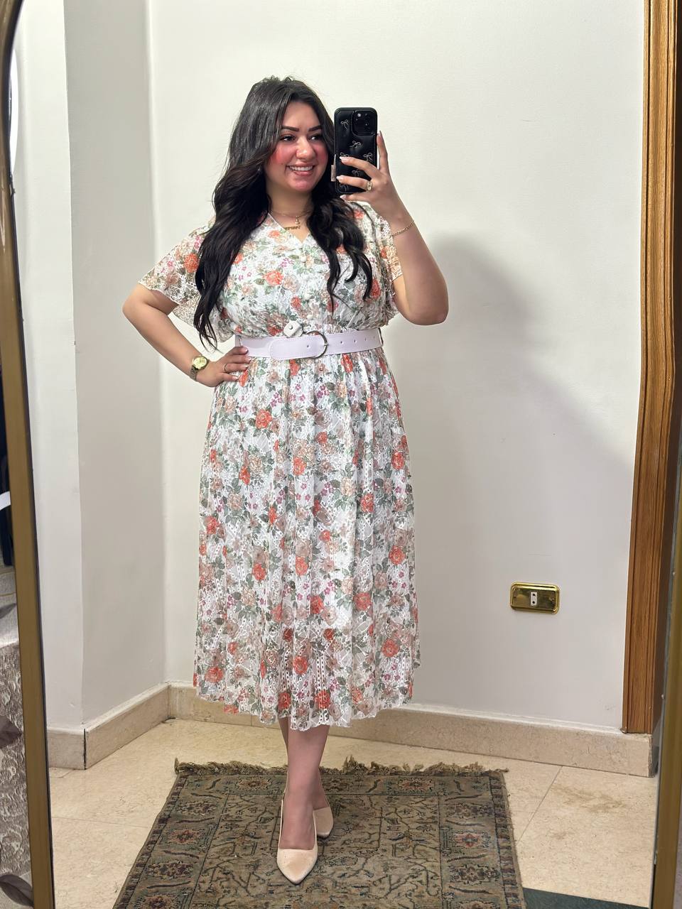 Printed Tulle Lined Dress with Belt