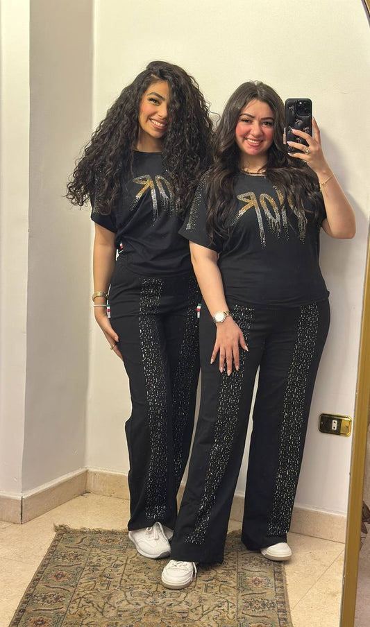 Two-Piece Rhinestone "Rock" Set with Wide-Leg Pants