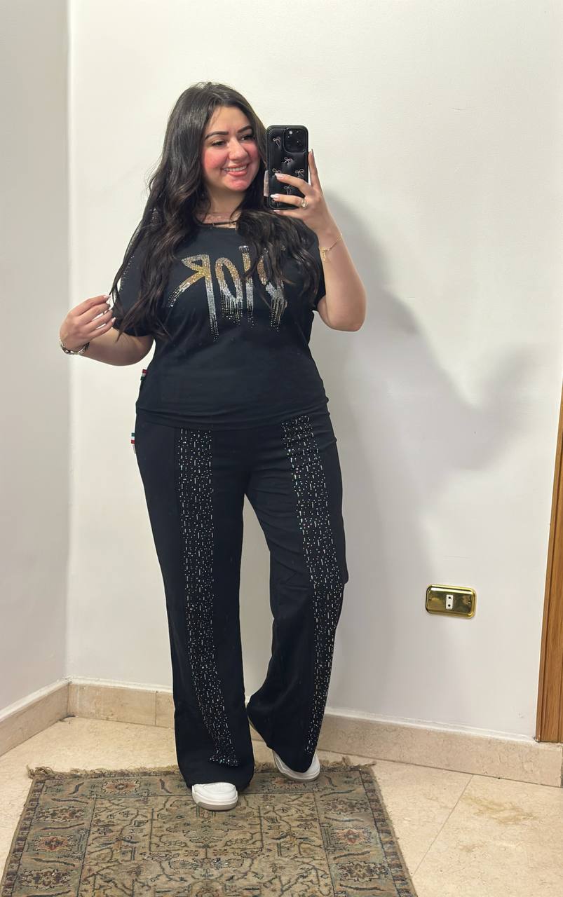 Two-Piece Rhinestone "Rock" Set with Wide-Leg Pants