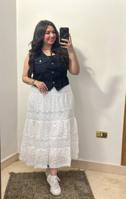 Tiered Lace Maxi Skirt with Intricate Eyelet Embroidery