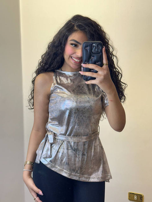 Silver-Sheen Asymmetric Blouse