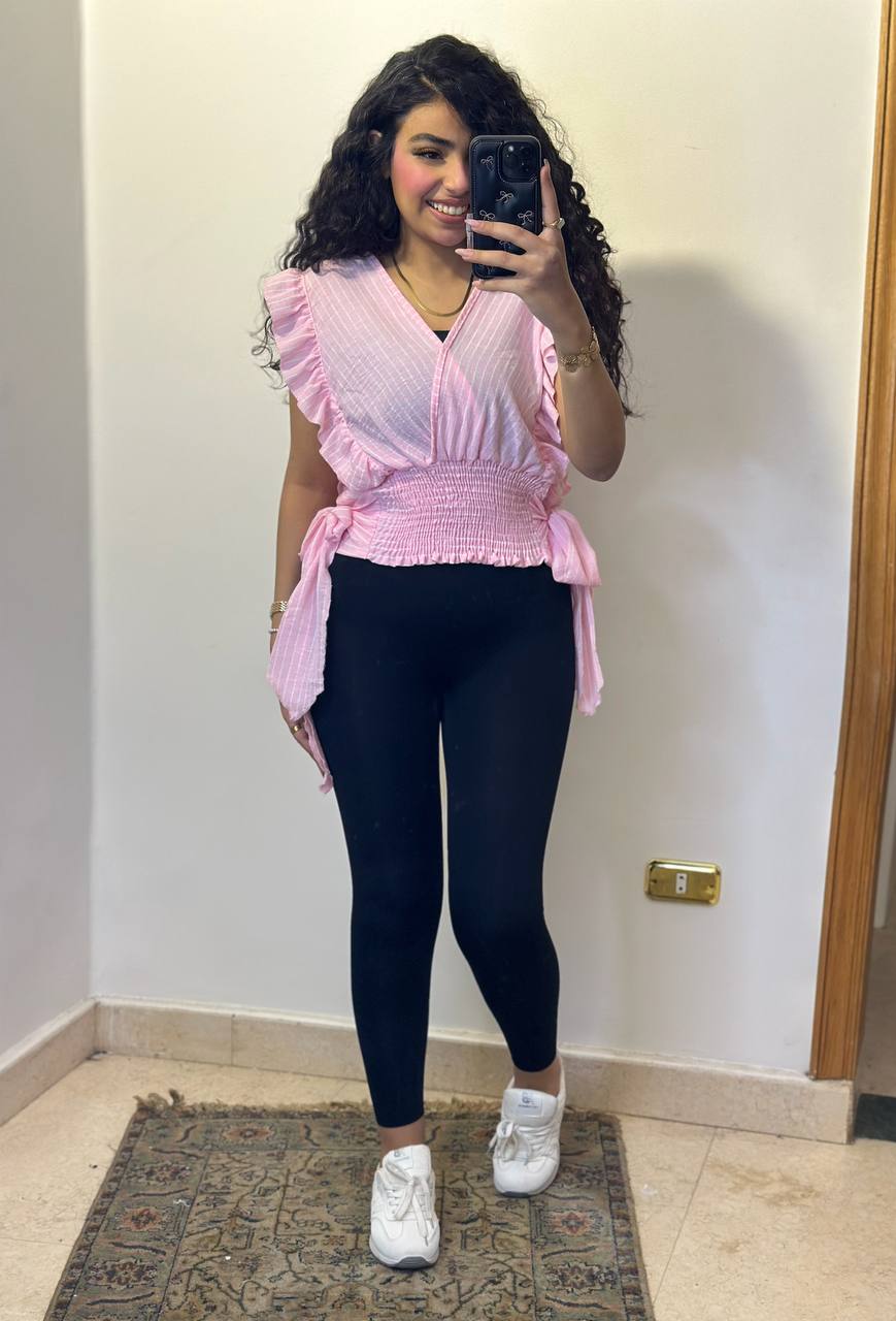(Striped Ruffle Blouse with Smocked Waist)