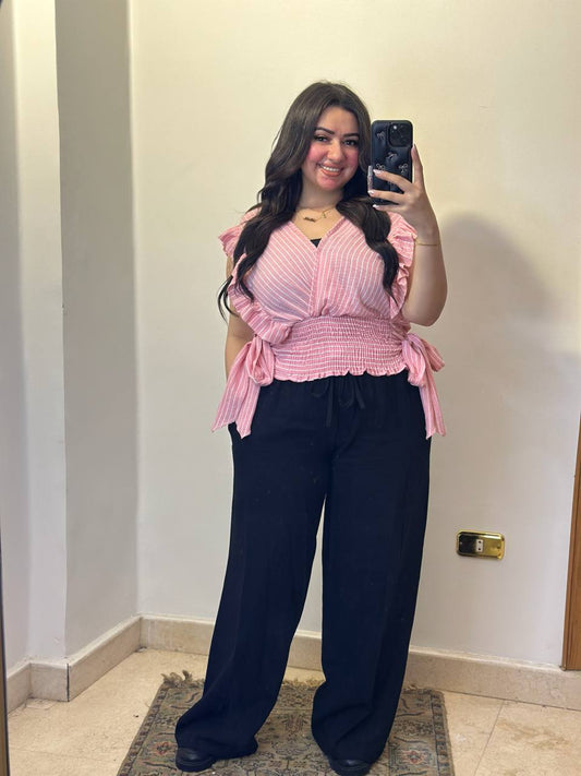 (Striped Ruffle Blouse with Smocked Waist)