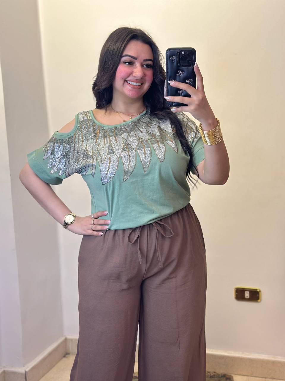 Cold-Shoulder T-Shirt with Glittery Feather Detail