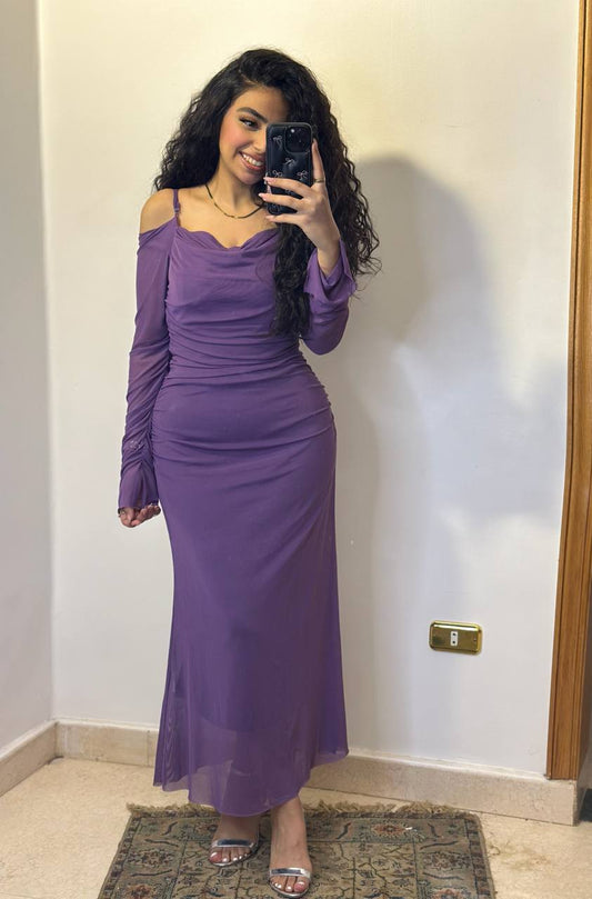 The-Shoulder Mesh Midi Dress with Flared Cuffs