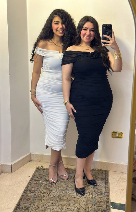 The Rose-Accented Off-Shoulder Midi Dress