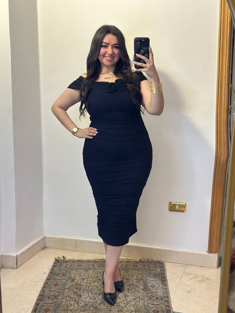 The Rose-Accented Off-Shoulder Midi Dress
