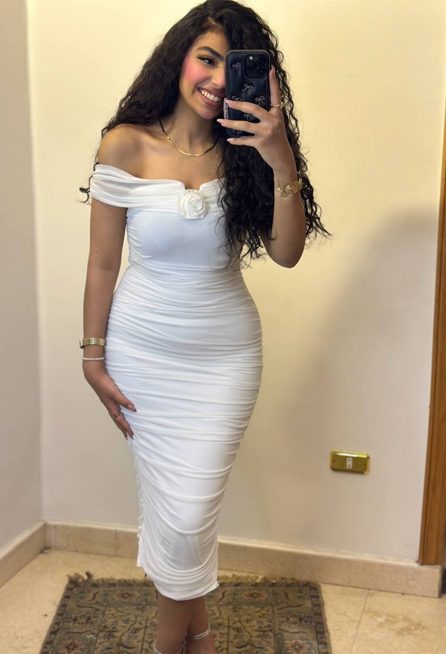 The Rose-Accented Off-Shoulder Midi Dress