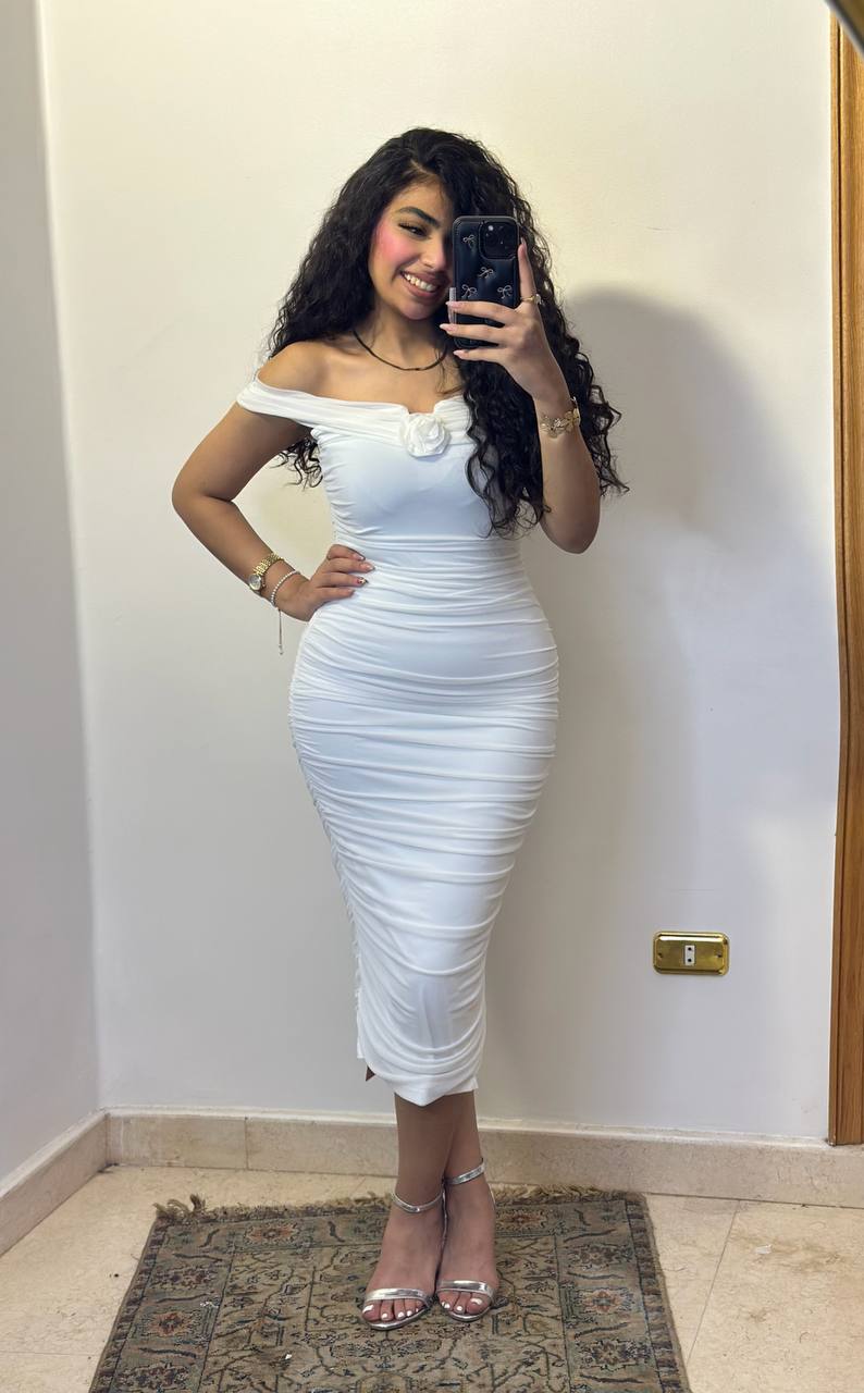 The Rose-Accented Off-Shoulder Midi Dress