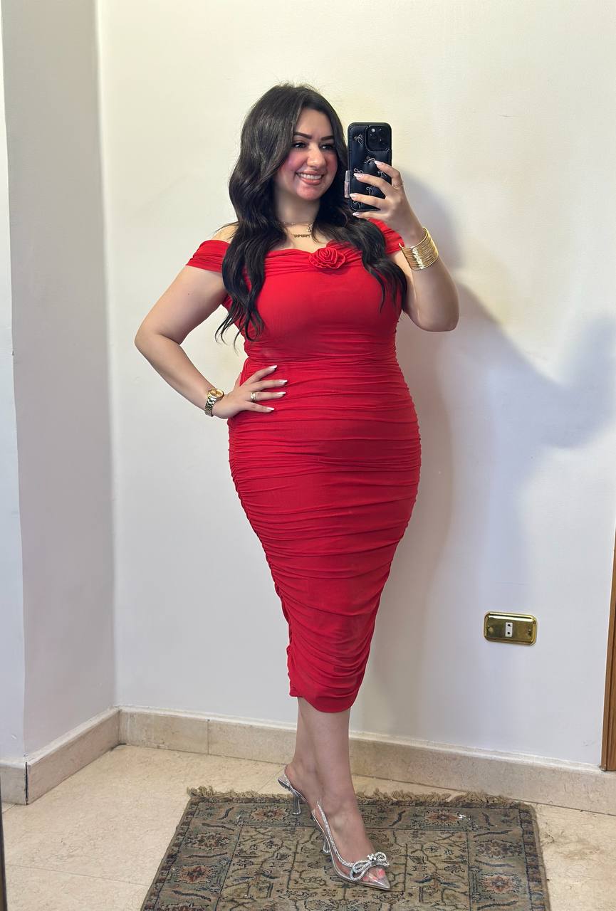 The Rose-Accented Off-Shoulder Midi Dress