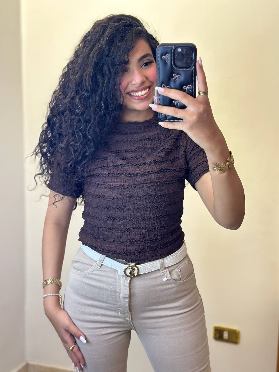 Textured Mock-Neck Short Sleeve Blouse