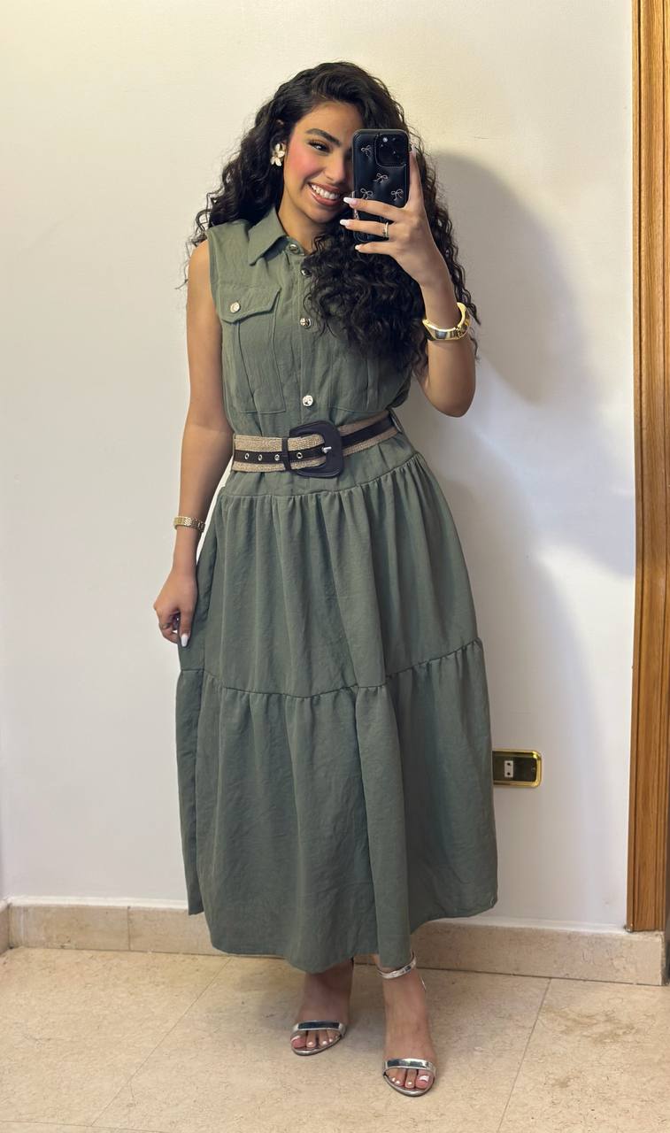 Sleeveless Belted Tiered Midi Dress
