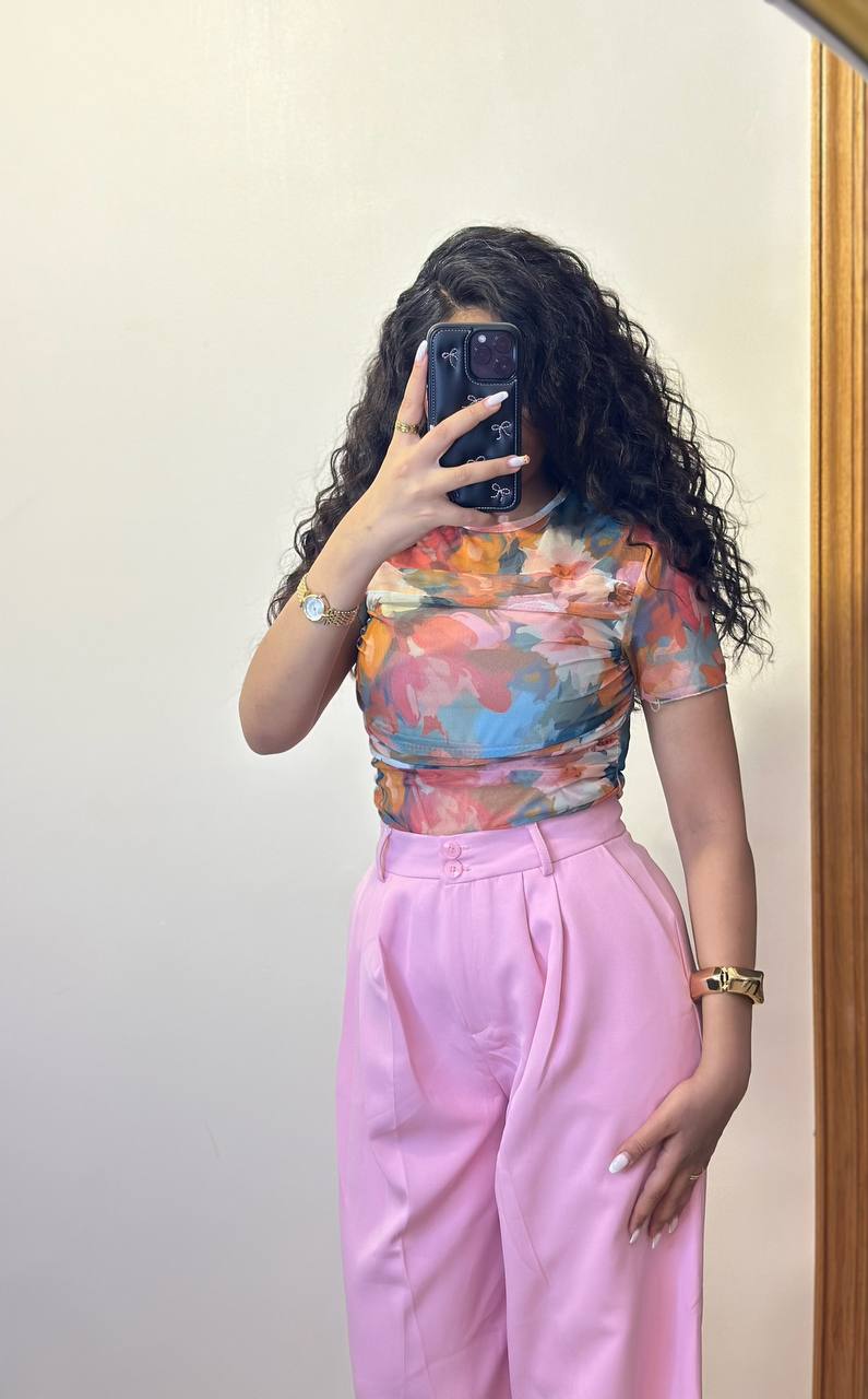 Abstract Print Ruched Mesh Top